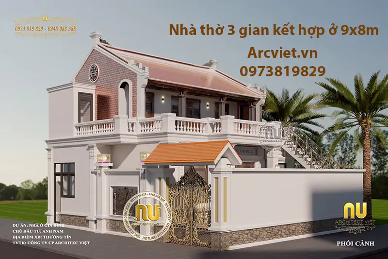 Nhà thờ 3 gian kết hợp ở 9x8m 3 ngủ của gia đình anh Nam được thiết kế theo kiến trúc nhà 2 tầng kẻ truyền