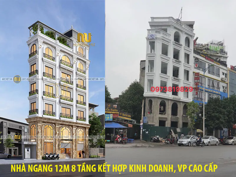 Mẫu nhà ngang 12m 8 tầng kết hợp cho thuê trọ cao cấp, cho thuê kinh doanh, văn phòng nhà anh Dũng ở Nguyễn Văn Huyên Hà Nội