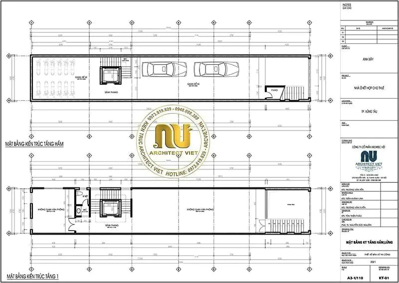 Mặt bằng nội thất trong mẫu nhà phố kết hợp kinh doanh có tầng trệt để xe, tầng lửng làm không gian kinh doanh, văn phòng 