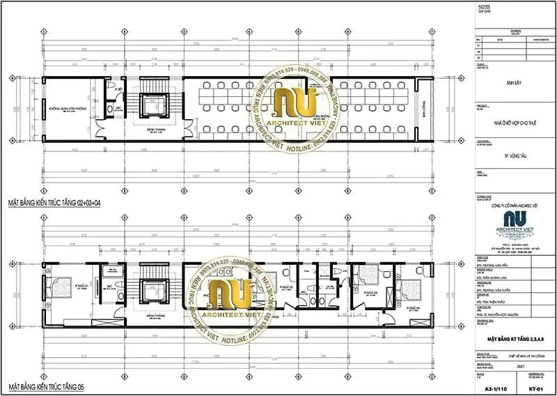 Mặt bằng tầng điển hình trong thiết kế nhà ở kết hợp kinh doanh rộng 5m sâu 27m cao 7 tầng