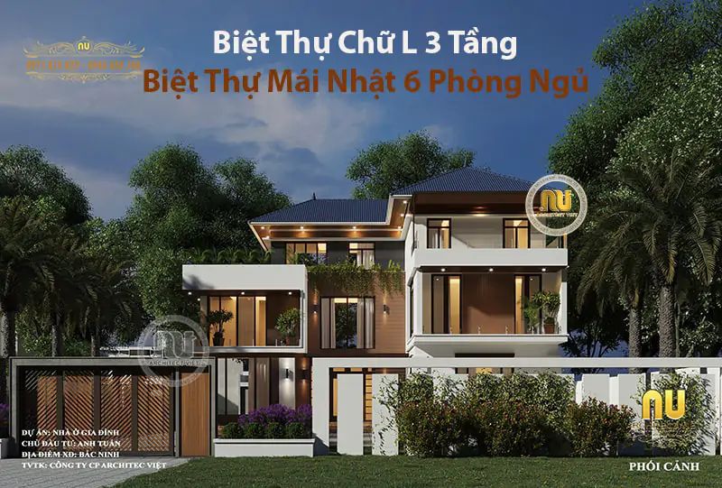 Biệt thự chữ L 3 tầng mái nhật được thiết kế 6 phòng ngủ để bố mẹ ở và đại gia đình anh em sum họp dịp Lễ Tết