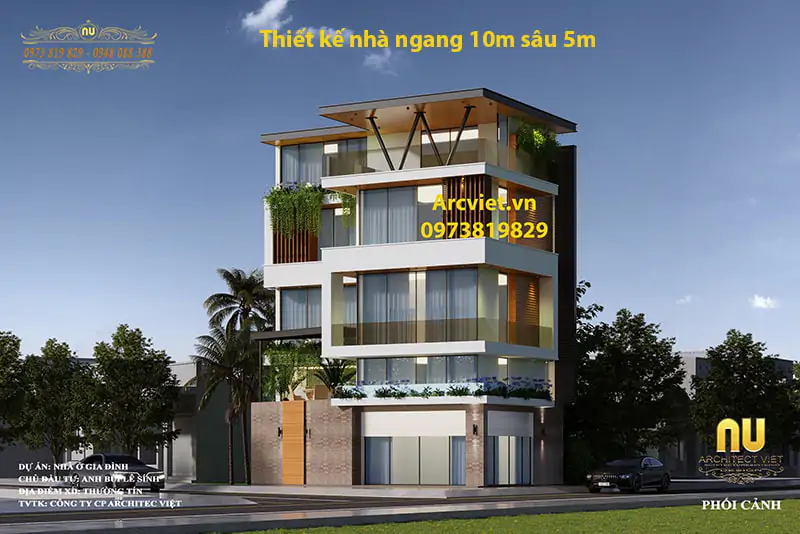 Mẫu thiết kế nhà ngang 10m sâu 5m với chiều cao 5 tầng