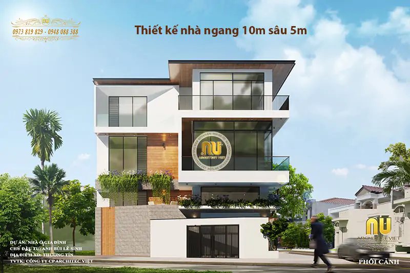 Thiết kế nhà ngang 10m sâu 5m 3 tầng phù hợp với gia đình có từ 4-5 thành viên