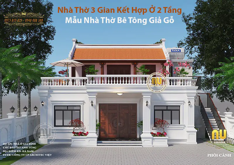 Nhà thờ 3 gian kết hợp ở 10x10m 2 tầng, mẫu nhà thờ bê tông sơn giả gỗ