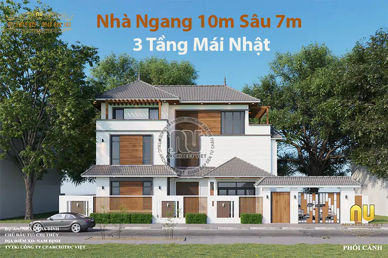 Mẫu nhà ngang 10m sâu 7m 3 tầng mái nhật siêu đẹp