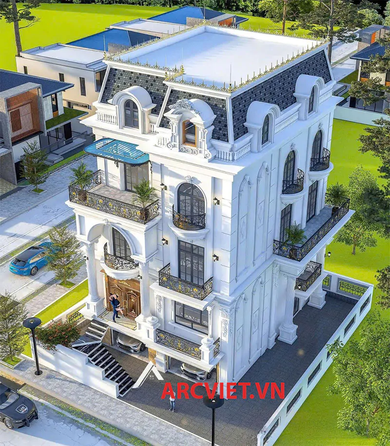 Biệt thự tân cổ điển 4 tầng 1 tum thiết kế theo kiến trúc pháp sang trọng