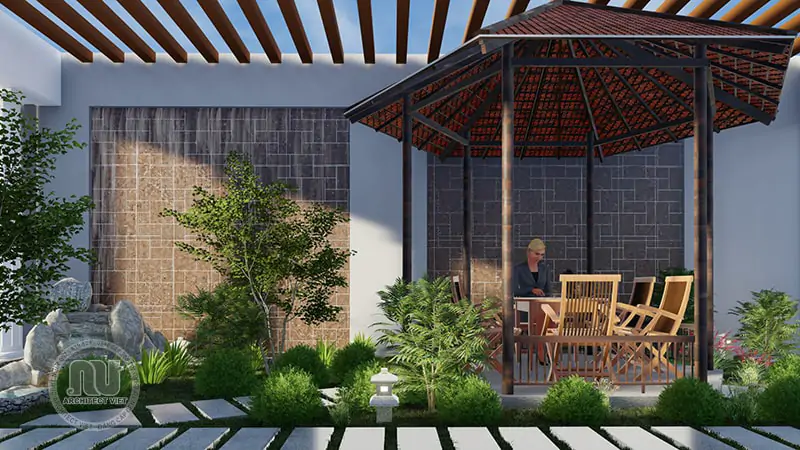 Khung cảnh sân vườn xanh mát được bố trí rất đẹp mắt